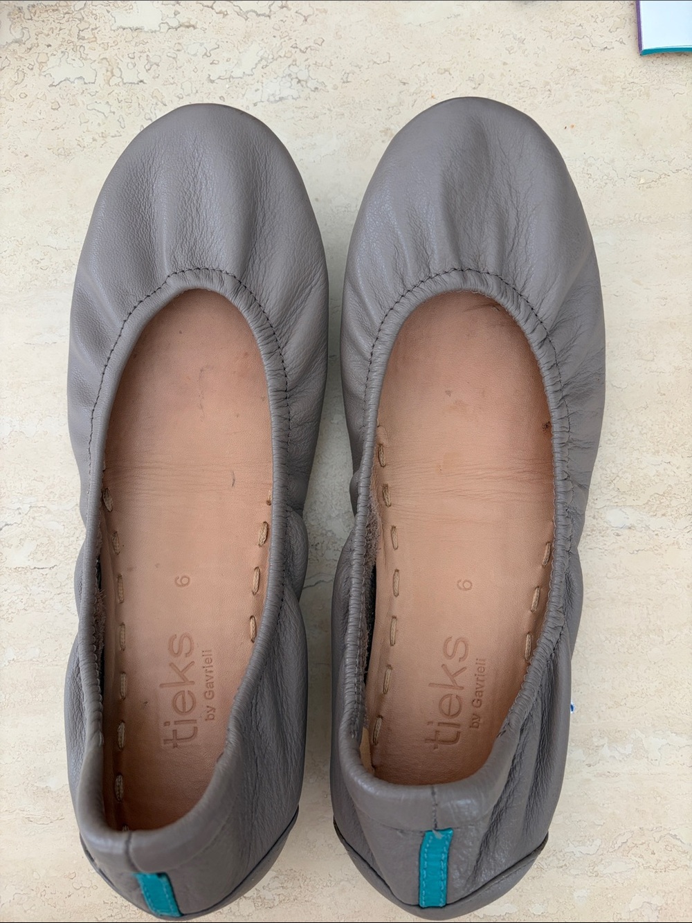 Tieks Beige Leather Ballet Flats with Teal Heel Tab